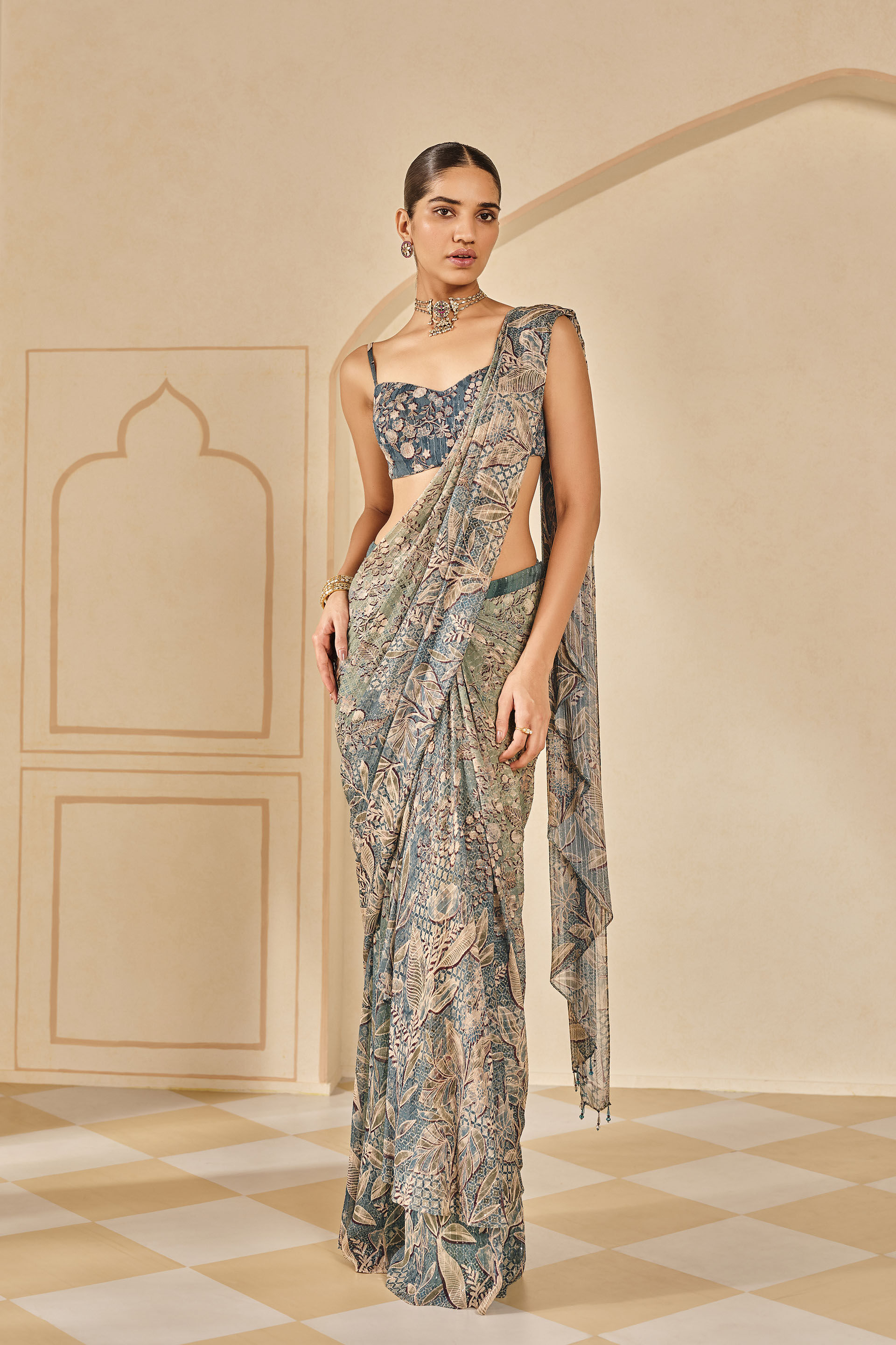Turaya Printed Pre-draped Saree - Powder Blue, Powder Blue, image 1